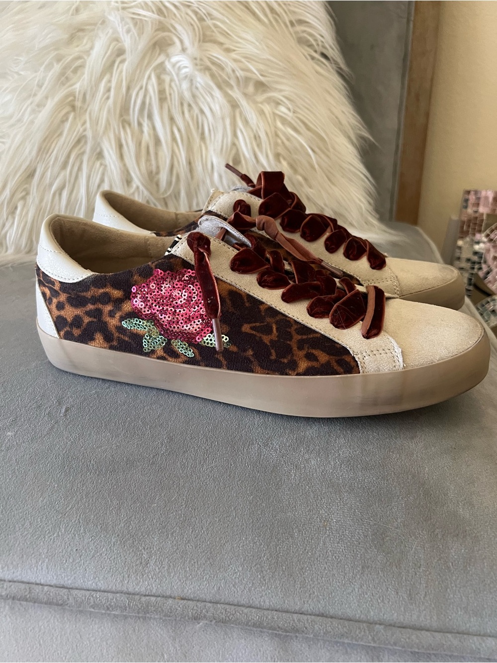 ShuShop Leopard Print Sneakers with Sequin Rose and Burgundy Velvet Laces